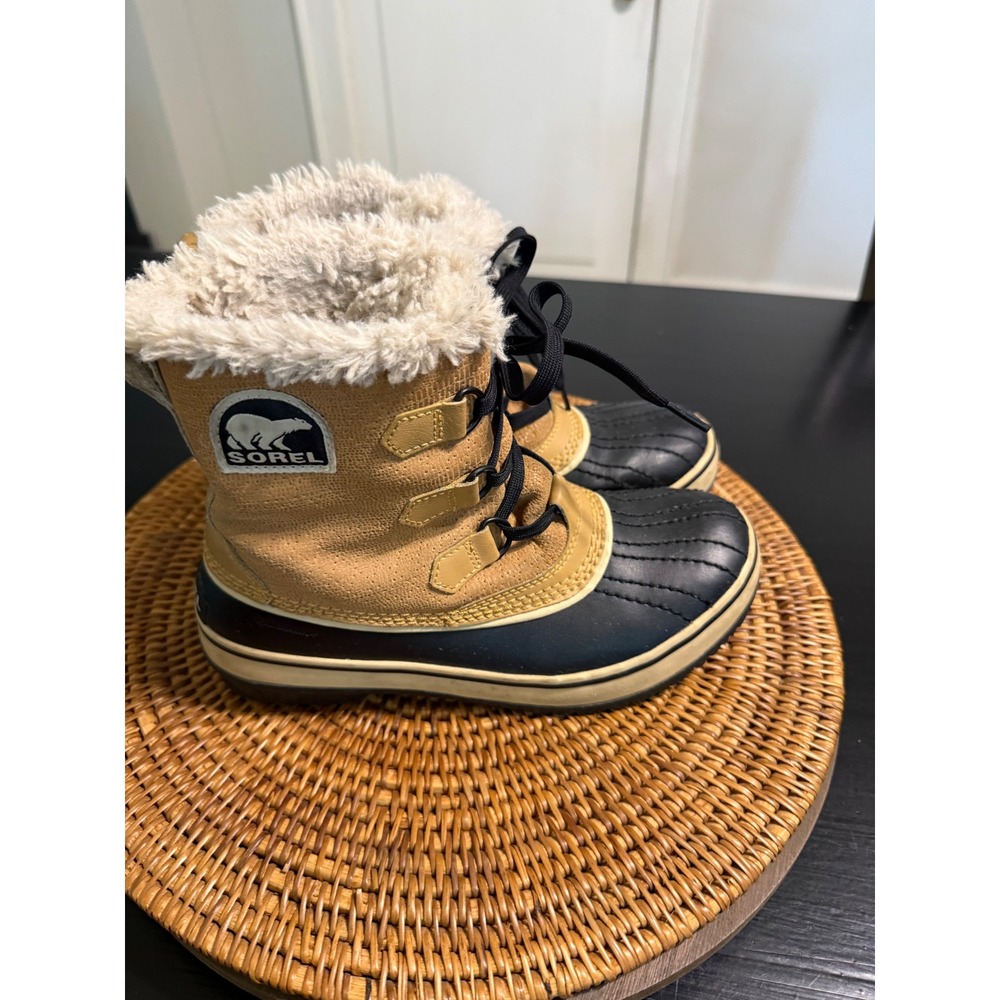 Sorel Winter Carnival Waterproof  Tan Black Faux Fur Snow Duck Boots Womens‎ 7